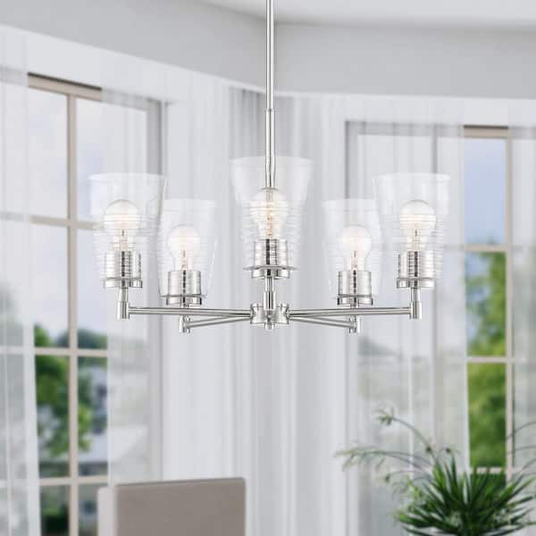 Designers Fountain Ingo 5 -Light Polished Nickel Chandelier with Clear Blown Ripple Glass Shades