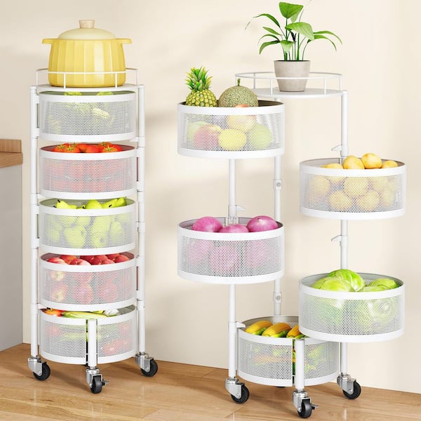 5 Tier White Rolling Cart with Top Lid, Fruit Vegetable Basket for Kitchen, Rotating Storage Rack, Metal Wire Wheels
