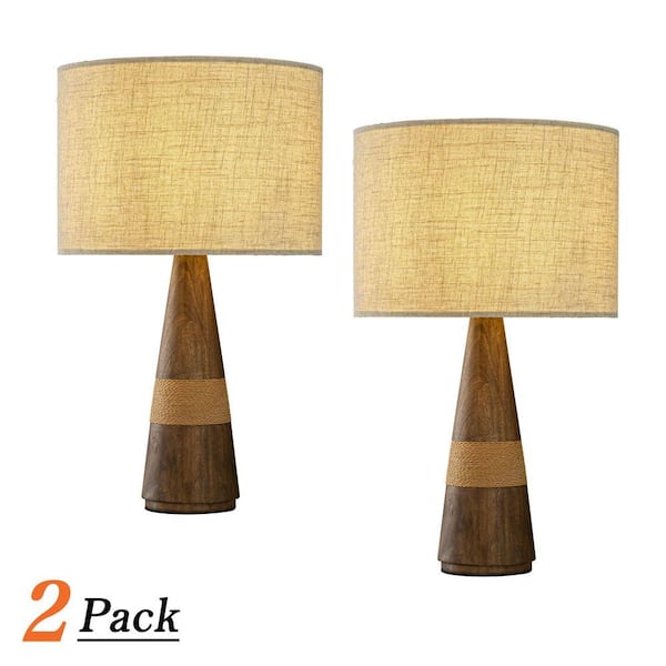 28 in. Farmhouse Honey Brown Wood Bedside Table Lamp Classic Drum Shape with Beige Fabric Shade for Bedroom (2Pack)