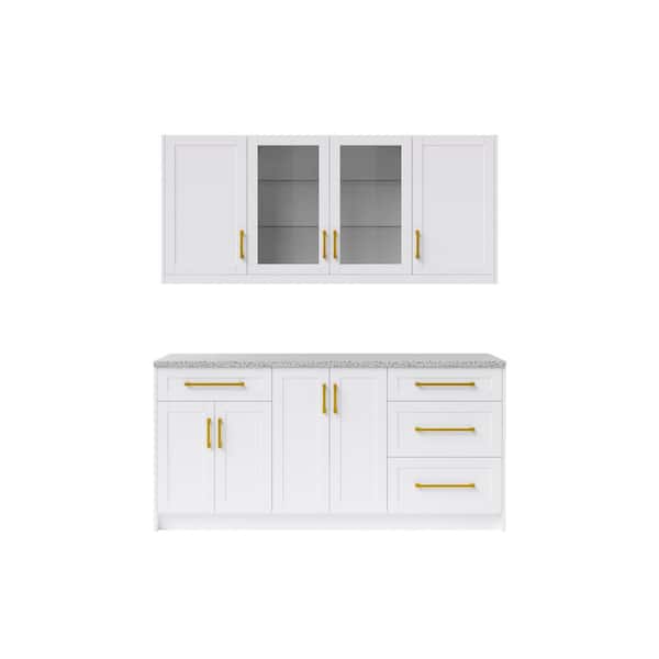 NewAge Products 7-Piece White Home Bar Cabinet Set with Contemporary Brushed Brass Handles