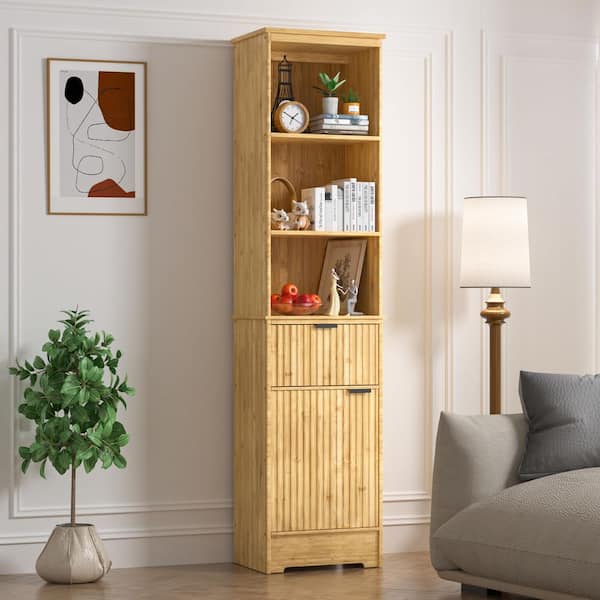 68 in. H Bamboo Accent Cabinet Storage Tall Cabinet with Curved Profile and Drawer in Yellow