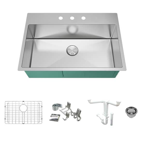Transolid Diamond 16-Gauge Stainless Steel 32 in. Single Bowl Drop-In Kitchen Sink Kit with Magnetic Accessories