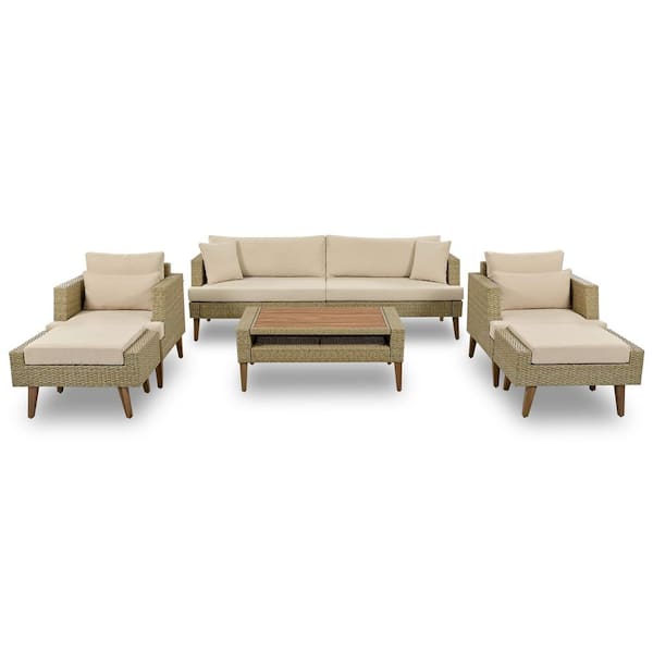 Unbranded Brown 6-Piece All Weather PE Wicker Outdoor Sectional Set, Patio Rattan Sofa Set with Brown Cushions, Pillows, Wood Legs