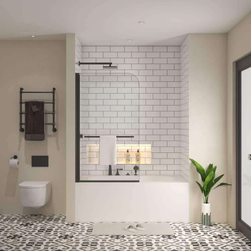 34"W x 58"H Matte Black Frameless Pivot Tub Door with Clear Glass