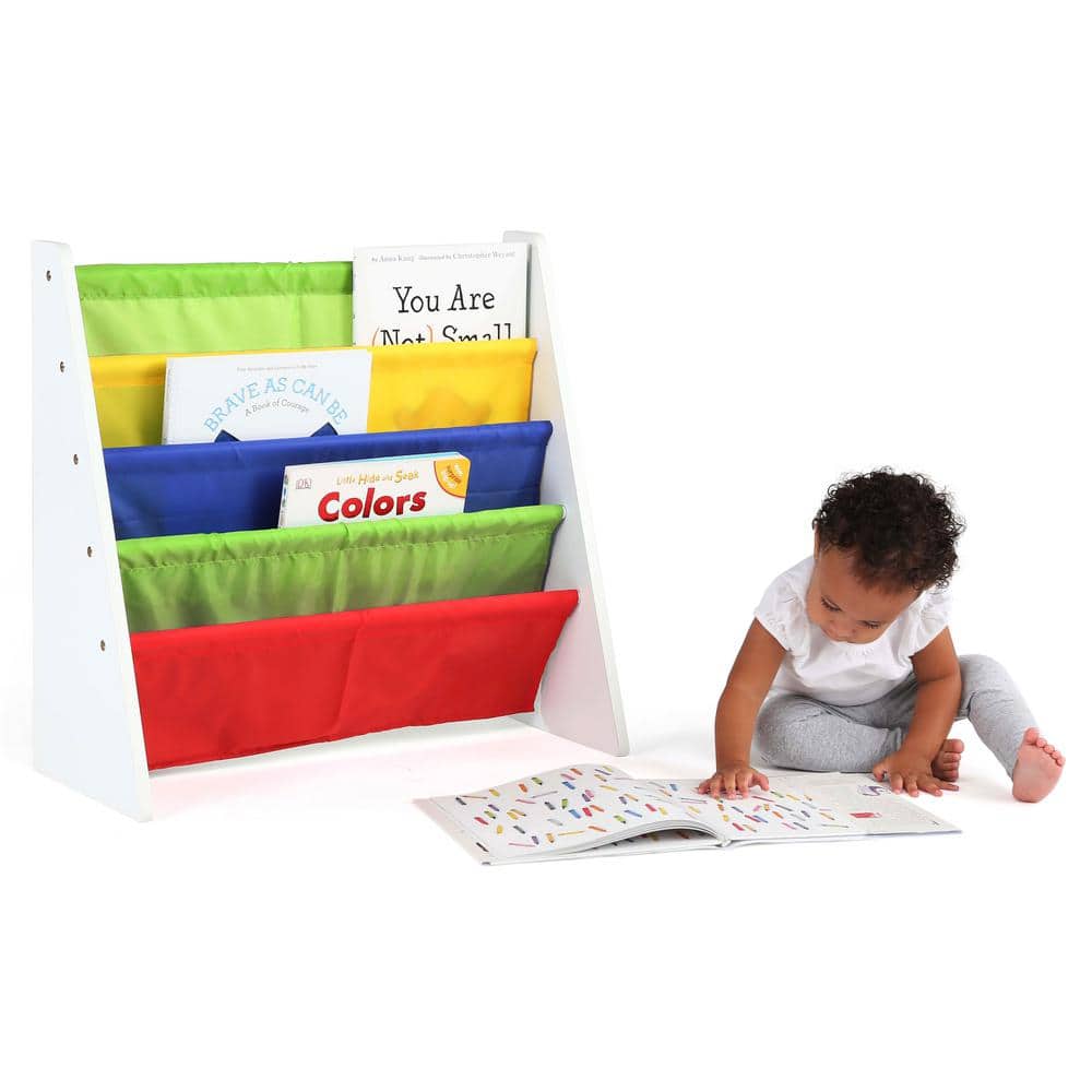 White and Primary Fabric Sling Kids Book Rack