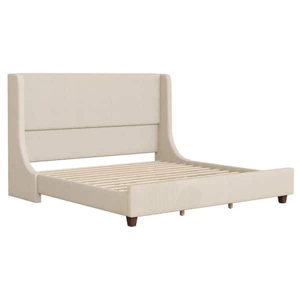 51 in Light Khaki Brown Legs Solid Wood Frame King Size Platform Bed Corduroy Upholstered Bed Frame with Headboard