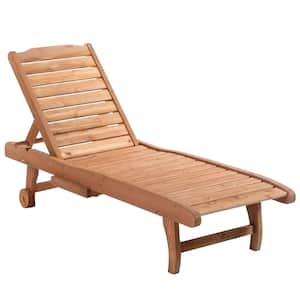 Modern Style Wood Outdoor Chaise Lounge with Built-In Side Tray Table, Reclining Backrest and Rolling Wheels in Natural