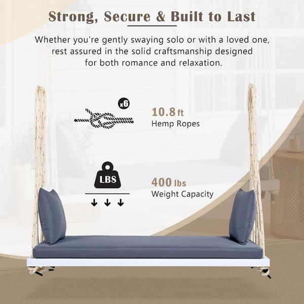 JUJABU 2-Person White Wood Porch Swing Bench with Gray Cushion and