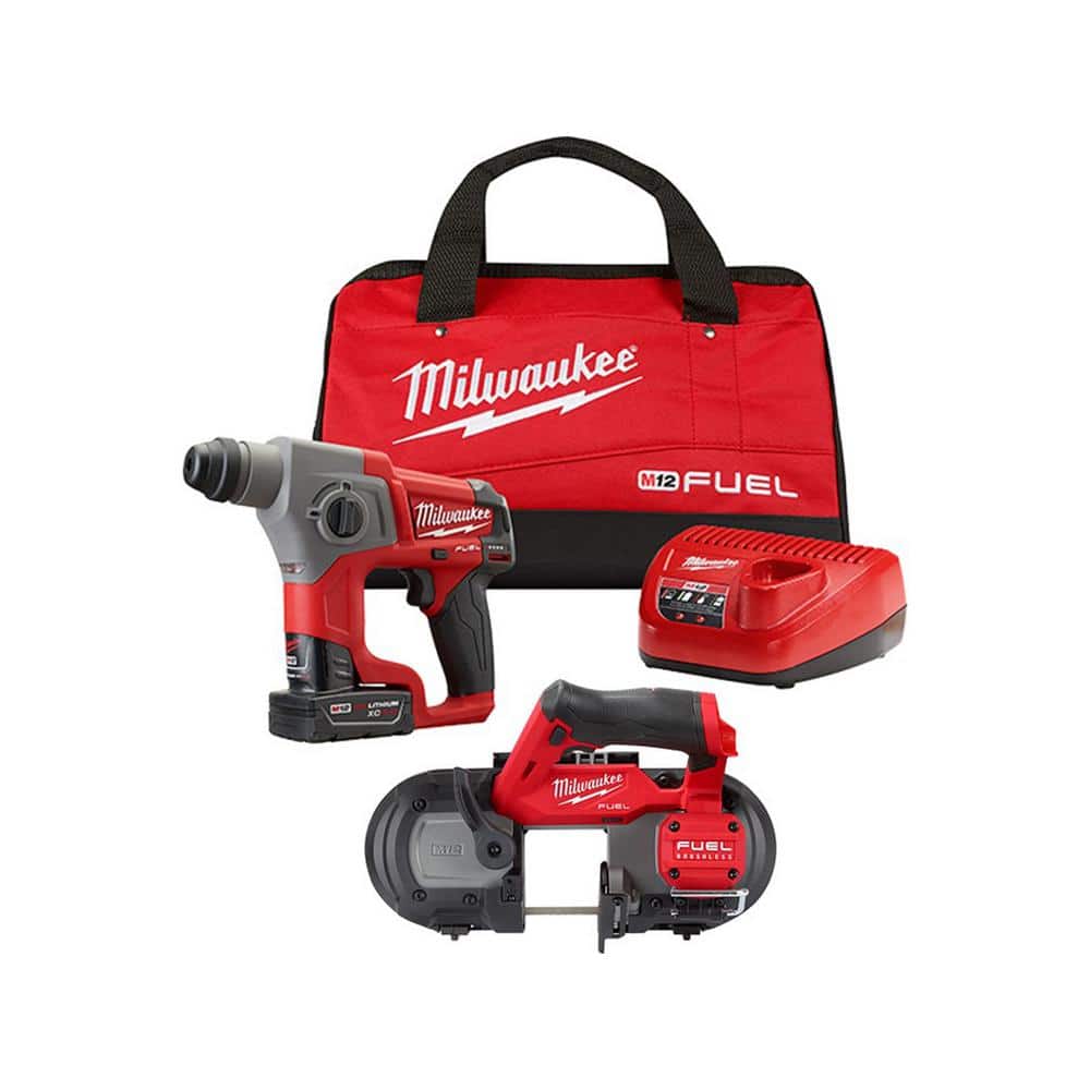 Milwaukee M12 FUEL 12V Li-Ion Brushless Cordless 5/8 in. SDS-Plus Rotary Hammer Kit w/Compact Band Saw, 4.0Ah Battery and Bag