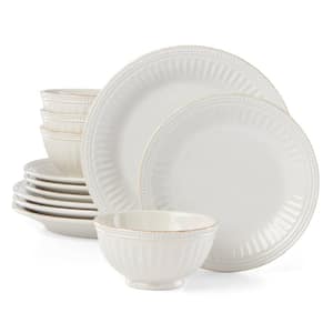 French Perle Groove 12-Piece Traditional Pale Ivory Stoneware Dinnerware Set (Service for 4)