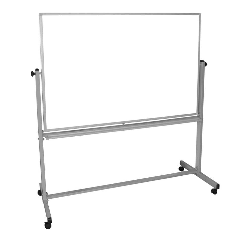 Silver and White Mobile Reversible Magnetic Whiteboard with Aluminum Frame