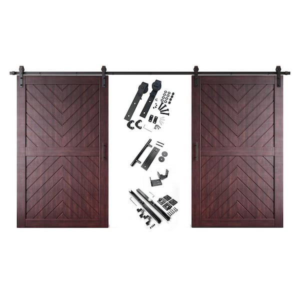 JT4 50 in. x 80 in. C-Panel Red Mahogany Fishbone Design Double Pine Wood Sliding Barn Door with Hardware Kit