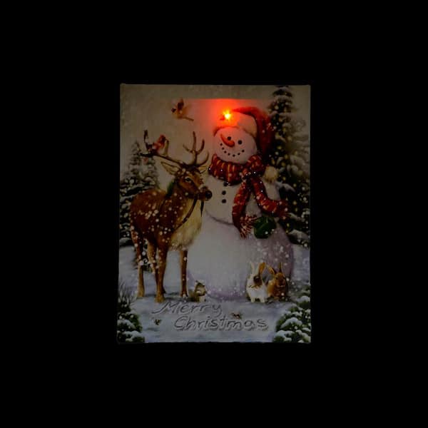 Northlight 15.75 in. x 12 in. LED Lighted Vintage Inspired Snowman and Reindeer Christmas Canvas Wall Art