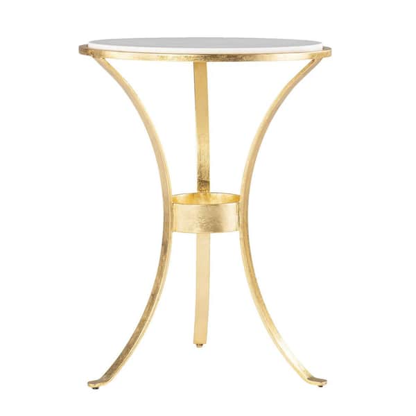 SEI FURNITURE Fordoche 17 in. Gold Small Round Banswara Marble Accent Table With Authentic Marble Tabletop