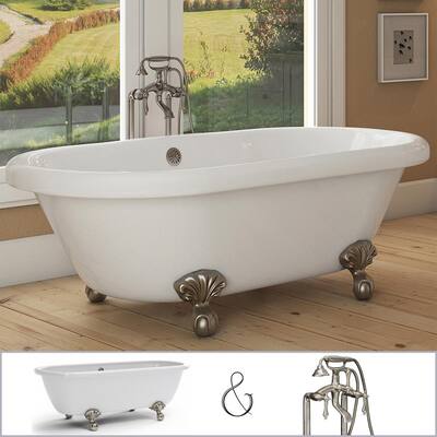 72 in. Acrylic Dual-Rest Clawfoot Bathtub Combo Tub in White, Faucet, Ball-and-Claw Feet and Drain in Brushed Nickel