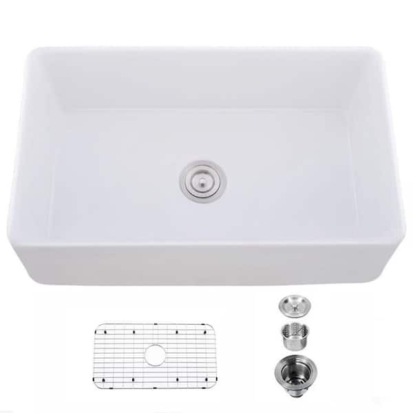 EPOWP 33 in. Farmhouse Apron Single Bowl White Ceramic Workstation Kitchen Sink without Faucet