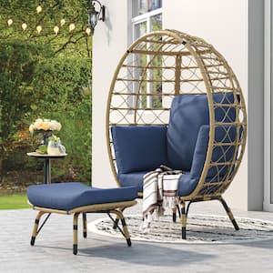 Beige Wicker Egg Chair with Outdoor Ottoman and Blue Cushion