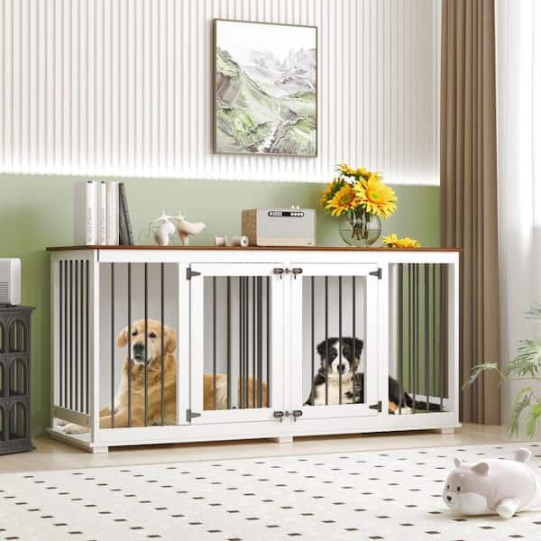 FUFU&GAGA Large Dog Crate Furniture, XXL Wooden Heavy-Duty Dog Crate Kennel with Divider for Large Medium Dogs, White