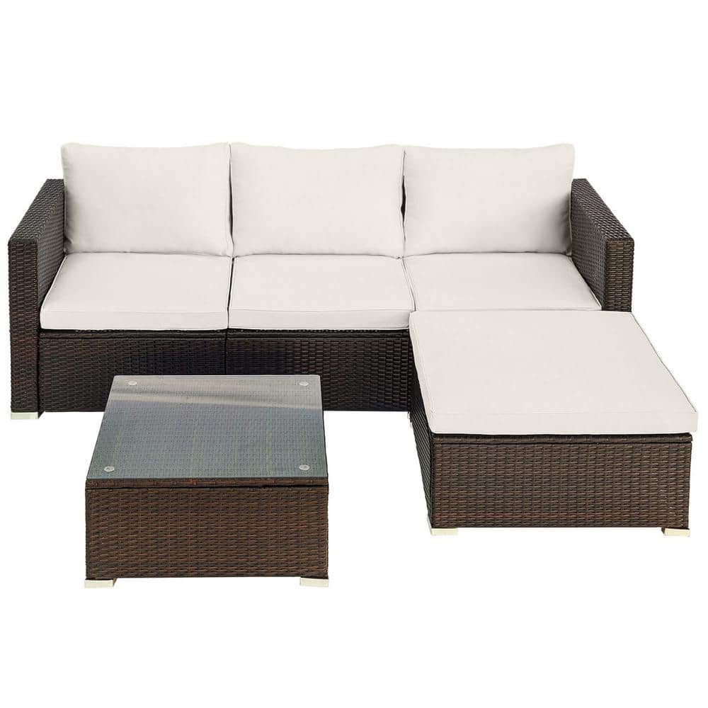 5-Piece Wicker Outdoor Sectional Set Sofa Brown with Beige Cushions
