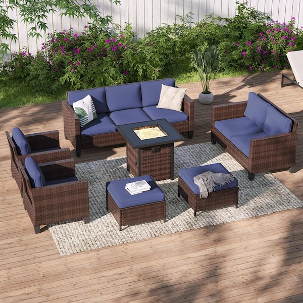 Sonkuki 7-Pieces Patio Conversation Set with Square Fire Pit Table and Loveseat Sofa, Brown Wicker with Navy Blue Cushions