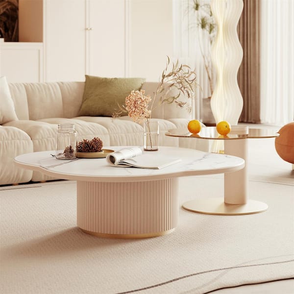 JASIWAY 32 in. White Oval Stone Top Coffee Table with Wood JASIWAY 32 in. White Oval Stone Top Coffee Table with Wood