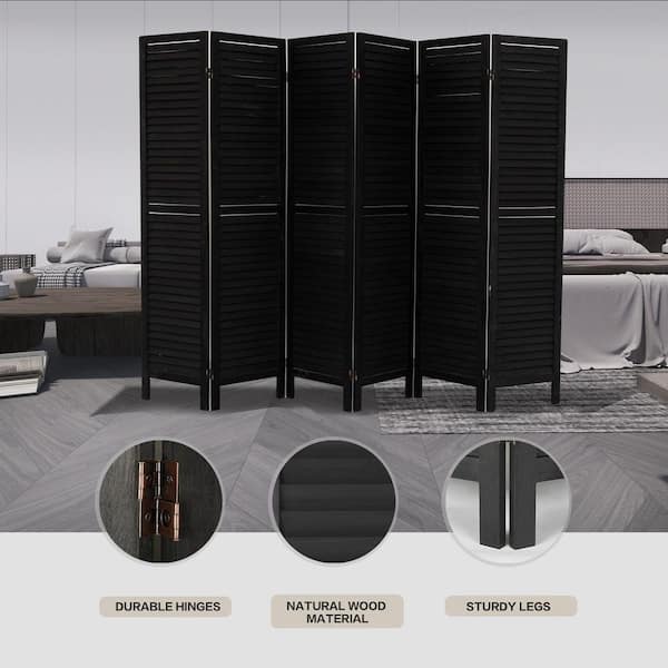 Maxhonor 6 Panels Room Divider, 6 FT Tall Weave Fiber Room Divider Double Hinged Folding Privacy Screens Freestanding Room Dividers Black