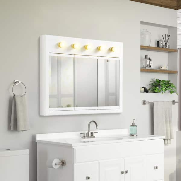 Concord 36 in. W x 30 in. H x 5 in. D Framed 5-Light Tri-View Surface-Mount Bathroom Medicine Cabinet in White Gloss