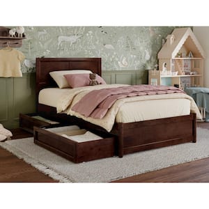 Lylah Walnut Brown Solid Wood Frame Twin Platform Bed with Panel Footboard and Storage Drawers
