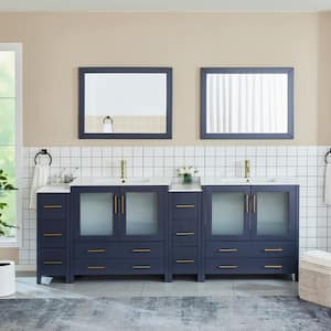 Brescia 96 in. W x 18 in. D x 36 in. H Double Sink Bathroom Vanity in Blue with White Ceramic Top and Mirrors