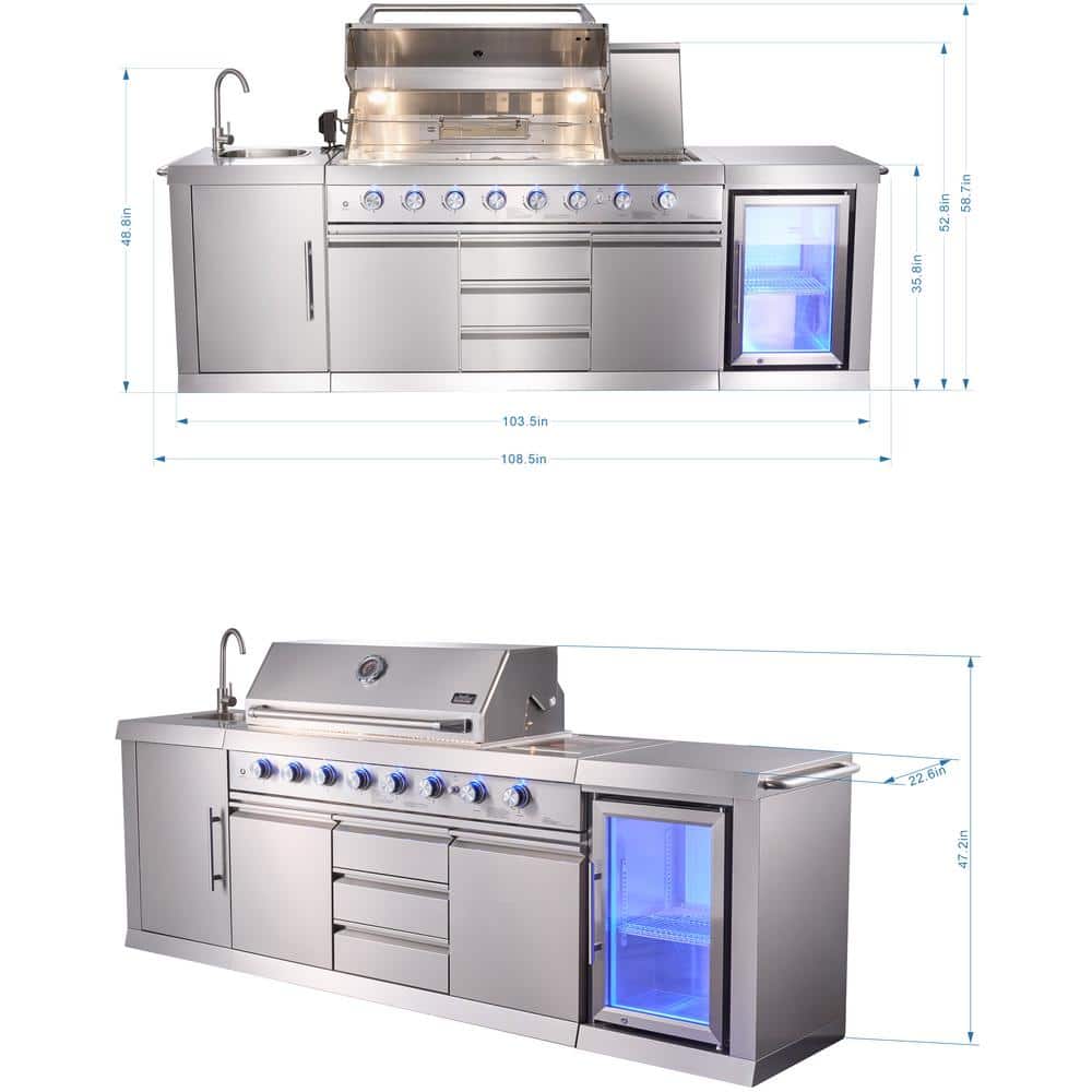 Stainless Steel 6-Burner Propane Grill Island with Rotisserie and Refrigerator