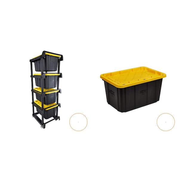 4-Tier Plastic Shelving Tote Stacker with Casters and 27 Gal. Tough Storage Tote in Black and Yellow (2-Piece)