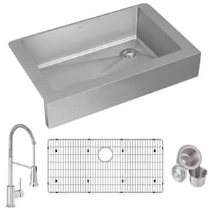 Crosstown 36in. Farmhouse/Apron-Front 1 Bowl 18 Gauge Polished Satin Stainless Steel Sink w/ Faucet