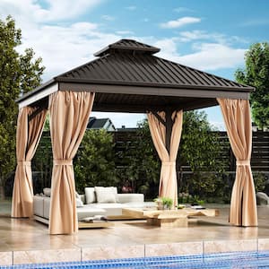 10 ft. x 10 ft. Hardtop Gazebo with Aluminum Frame, Galvanized Steel Double Roof Gazebo with Nettings and Curtains