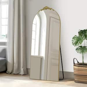 71 in. x 31 in. Modern Arched Framed Gold Removable Carved Flower Full Length Floor Standing Mirror