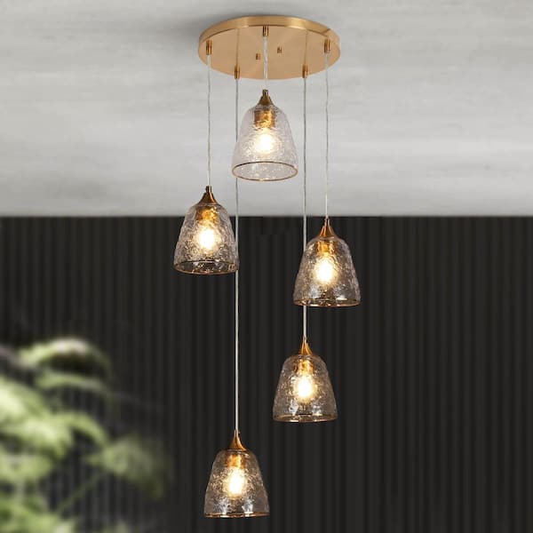 LNC 5-Light Modern Plating Brass Cluster Chandelier with Ripple Glass Shades for Dining Room Living Room Stairwell
