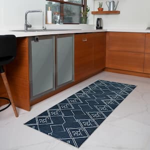 Aspen Navy Creme 2 ft. 2 in.. X 6 ft. Machine Washable Tribal Moroccan Bohemian Polyester Non-Slip Backing Area Rug