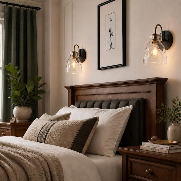 1-Light Black and Gold Wall Sconce with Bell Ripple Glass Shade