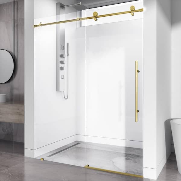 VIGO Elan E-Class 52 to 56 in. W x 76 in. H Sliding Frameless Shower Door in Matte Brushed Gold with 3/8 Clear Glass