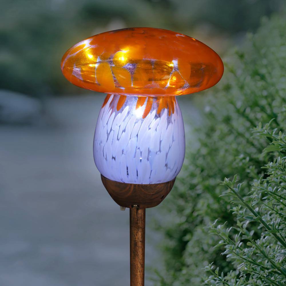Solar Orange and White Glass Mushroom Garden Stake