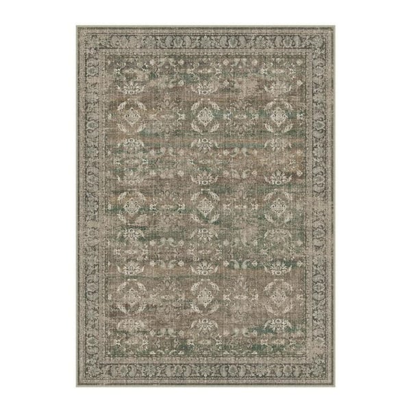 9 ft. x 12 ft. Brown Ivory And Green Floral Medallion Washable Area Rug