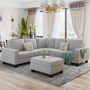 85 in.Light Gray L-shape Sectional Corner Sofa Couch with Storage Ottoman and Cup Holders