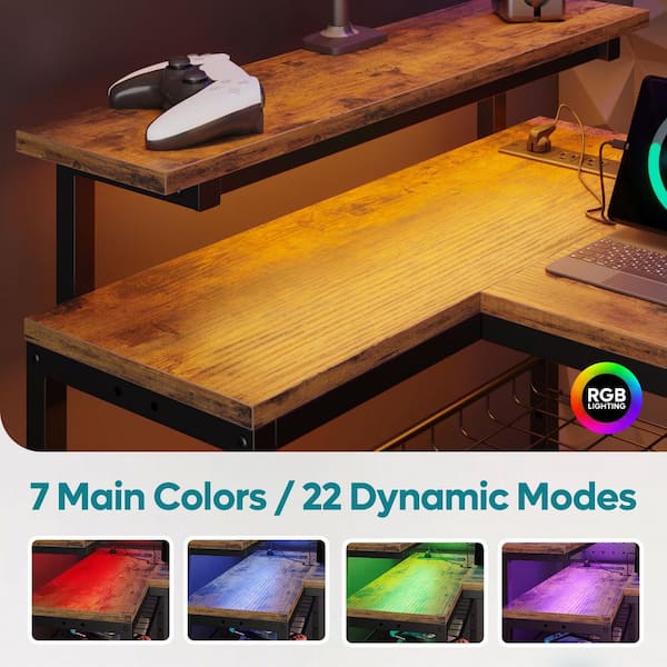 Bestier 52 in. L-Shaped Rustic Brown LED Gaming Desk with Storage