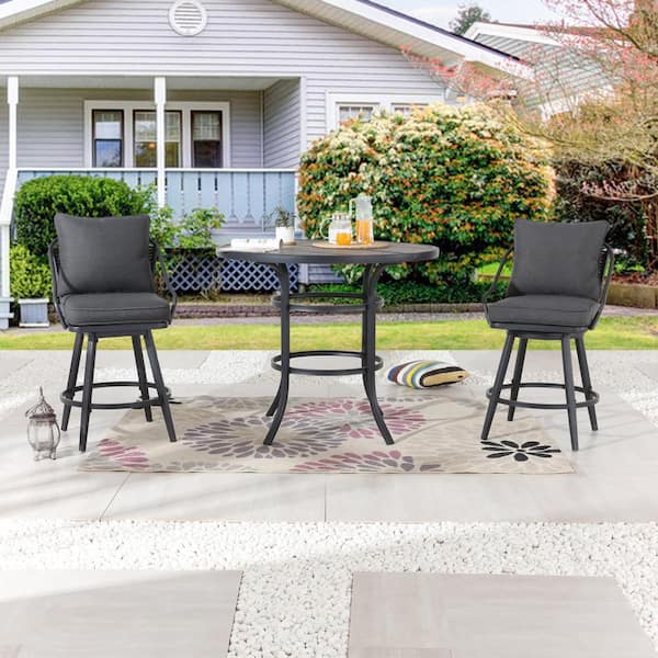 Patio Festival 3-Piece Metal Bar Height Outdoor Dining Set with Gray Cushions