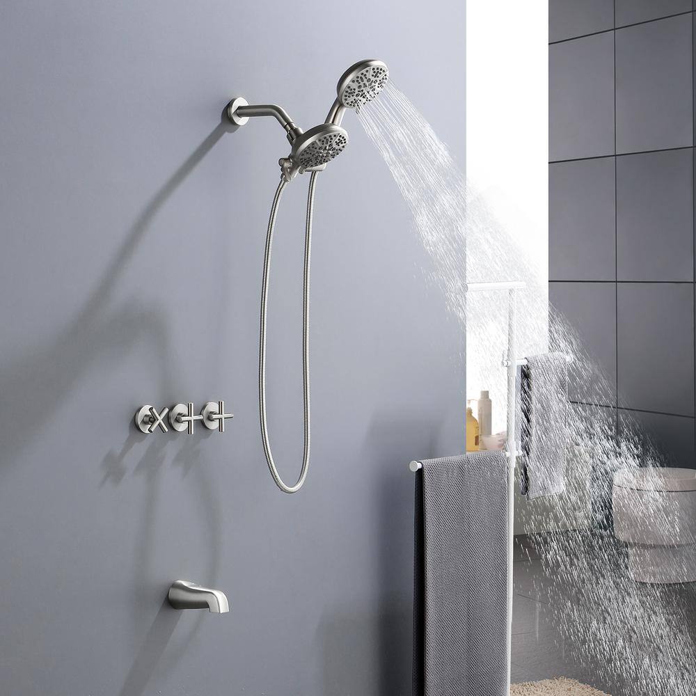 Brushed Nickel Triple Handle Rain Shower Faucet Set with Handheld