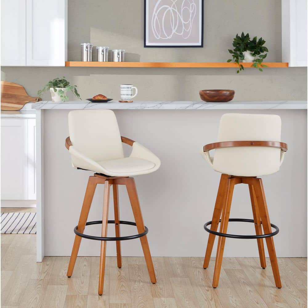 Lumisource Cosmo 29 in. Cream Faux Leather, Walnut Bamboo, and