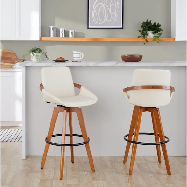 Lumisource Cosmo 29 in. Cream Faux Leather, Walnut Bamboo, and Black Metal Fixed-Height Bar Stool