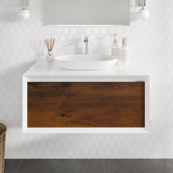 Santa Monica 36 in. Single Sink Floating Rosewood Bath Vanity with White Acrylic Top (Assembled)