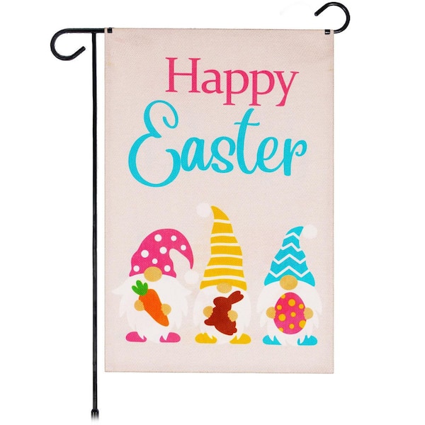 G128 1 ft. x 1.5 ft. Polyester Happy Easter 3 Gnomes Carrot Chocolate Bunny Egg 2-Sided Garden Flag Printed Blockout