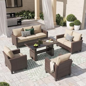 Sunsitt 5-Piece Wicker Brown Outdoor Conversation Set with Lift Table in Beige