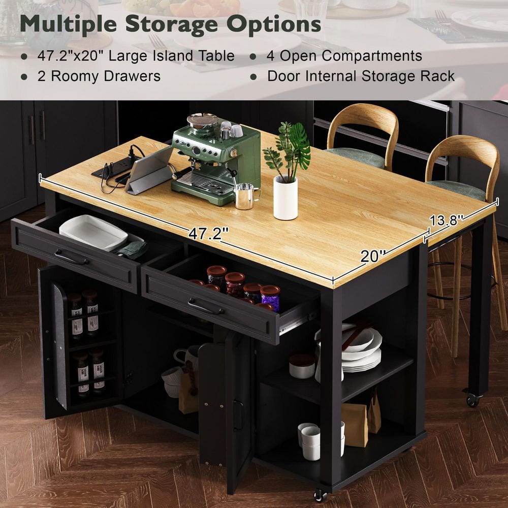 White Kitchen Cart with Extendable Dining Table, Internal Racks, 4 Open Side Shelves, 2-Drawer, Power Outlet - thumbnail 4
